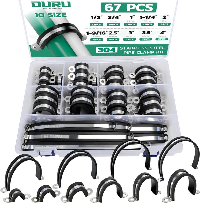 ORU 67pcs Pipe Clamp Assortment Kit 304 Stainless Steel, 10 Sizes (1/2"-4") Heavy Duty Rubber Cushioned Insulated Pipe Strap, U Bracket Clamp Conduit Clamp for Automotive, Wire & Tube - Image 1
